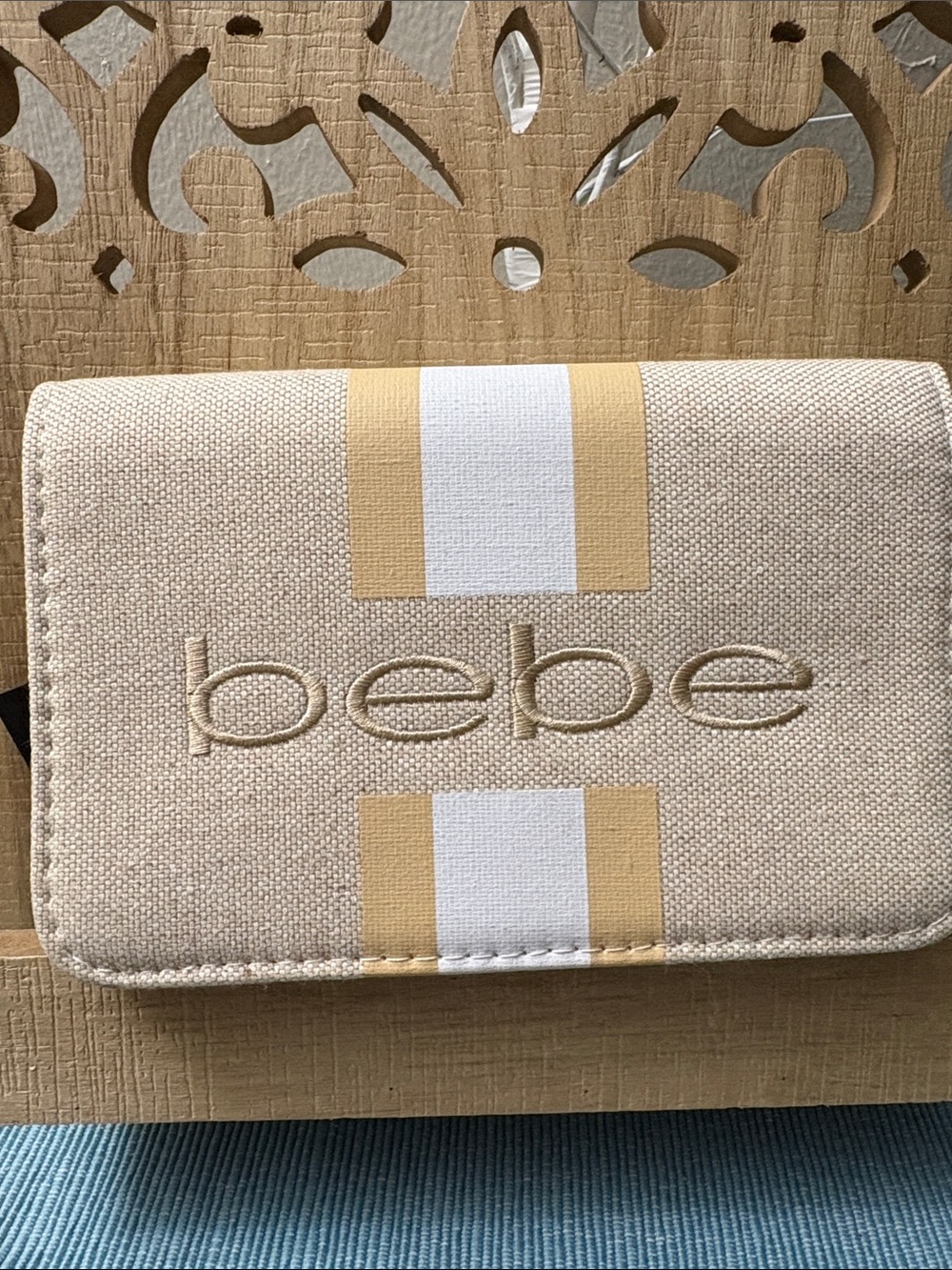 bebe Beige Canvas Wallet with White and Tan Stripe
